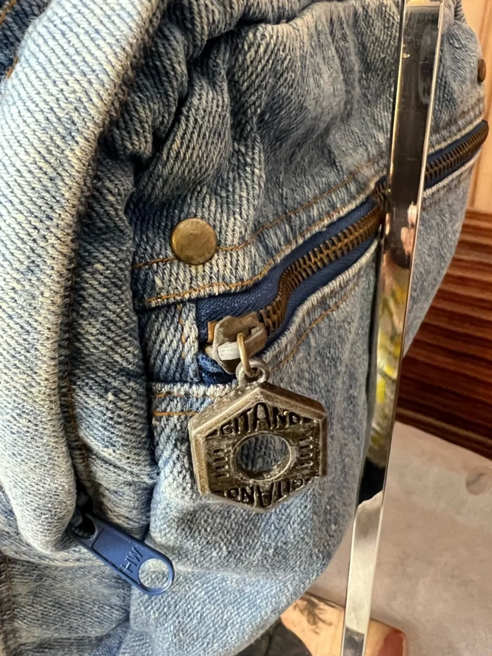 Vintage Gitano Blue Denim Backpack, top zip, front zip compartments, side pocket